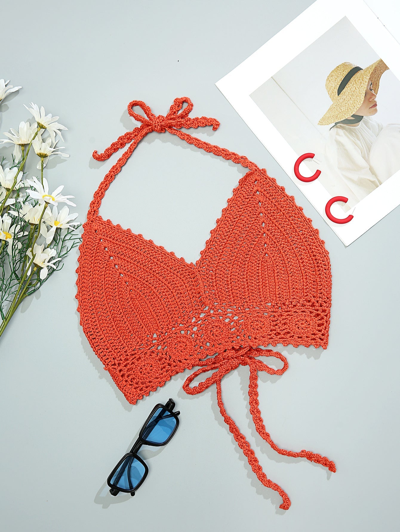 Top de bikini tipo halter con tiras de punto hecho a mano a ganchillo, sexy, sin espalda, sujetador, traje de baño, ganchillo
