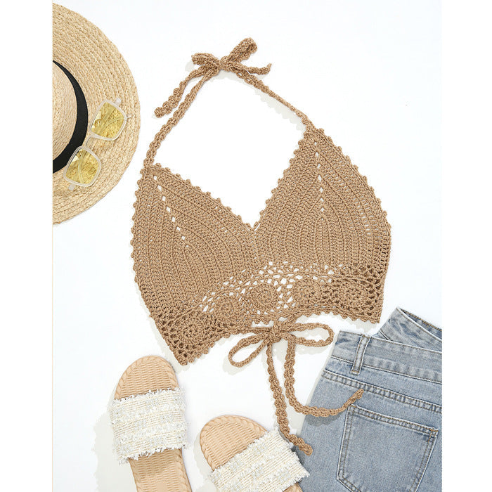 Top de bikini tipo halter con tiras de punto hecho a mano a ganchillo, sexy, sin espalda, sujetador, traje de baño, ganchillo