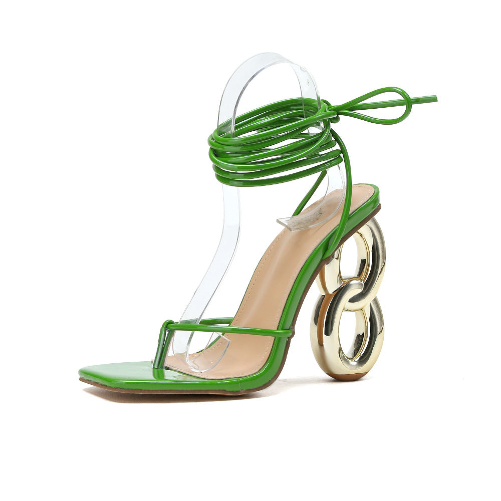 Sandalias de tacón alto elegantes y sexys con punta cuadrada, tacón perfilado, cordones, para mujer, de verano