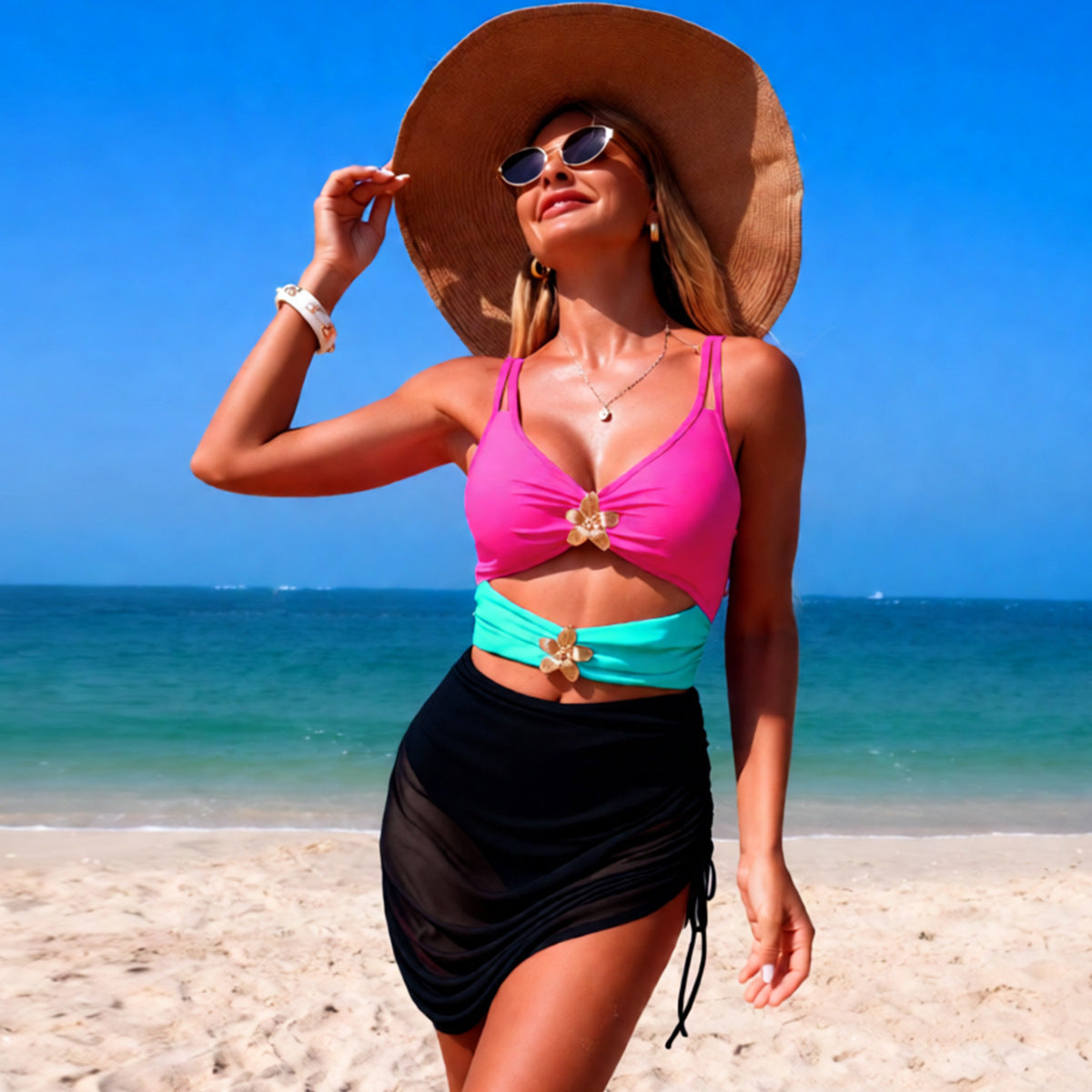 Traje de Baño Enterizo de Mujer Combinación de Colores Malla Sexy Bikini