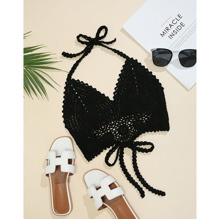 Top de bikini tipo halter con tiras de punto hecho a mano a ganchillo, sexy, sin espalda, sujetador, traje de baño, ganchillo