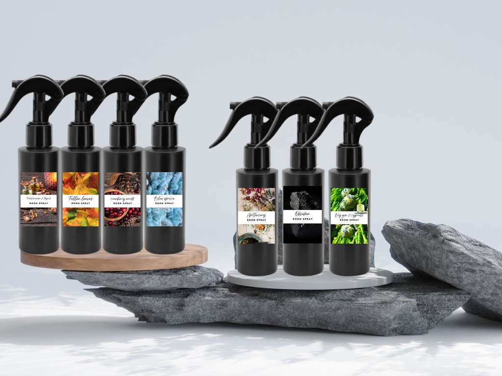 Colección de Sprays Ambientales Masculinos – Sprays Ambientales y Para Ropa Artesanales con Aromas Atrevidos y Sofisticados Como Speakeasy, Obsidiana y Eucalipto Bergamota