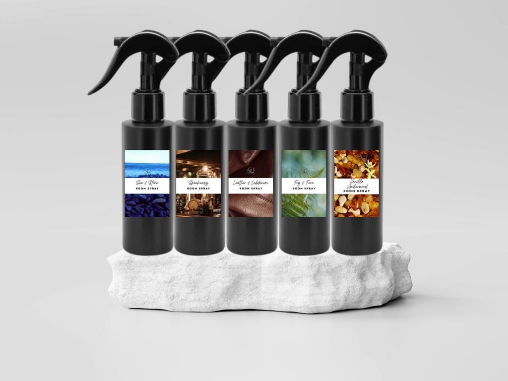 Colección de Sprays Ambientales Masculinos – Sprays Ambientales y Para Ropa Artesanales con Aromas Atrevidos y Sofisticados Como Speakeasy, Obsidiana y Eucalipto Bergamota
