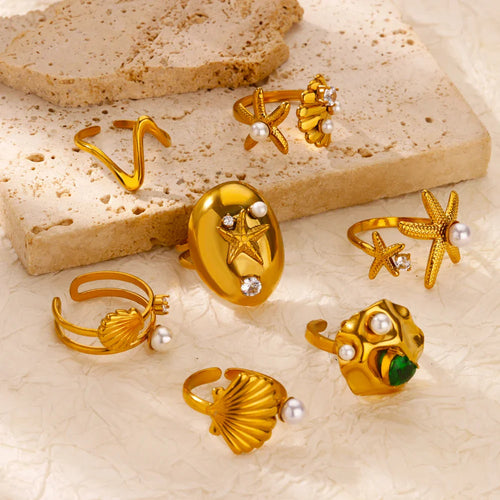 2025 Anillos de agua dulce de acero inoxidable con perlas, estrellas de mar y conchas para mujer, anillos punk, color dorado, vintage, impermeables, joyería de playa