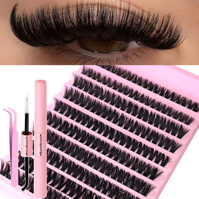 Kit de extensión de pestañas DIY, pestañas individuales, grupos de pestañas, grupos de pestañas mixtos con adhesivo, sellador y accesorios para pestañas