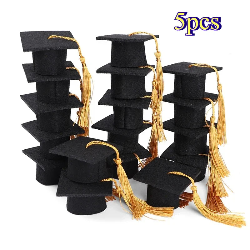 5/10 Piezas Gorro de Fieltro de Soltero con Borlas para Fiesta de Graduación, Decoración DIY, Tapa de Botella de Vino, Mini Gorro de Graduado, Cajas de Regalo para Dulces