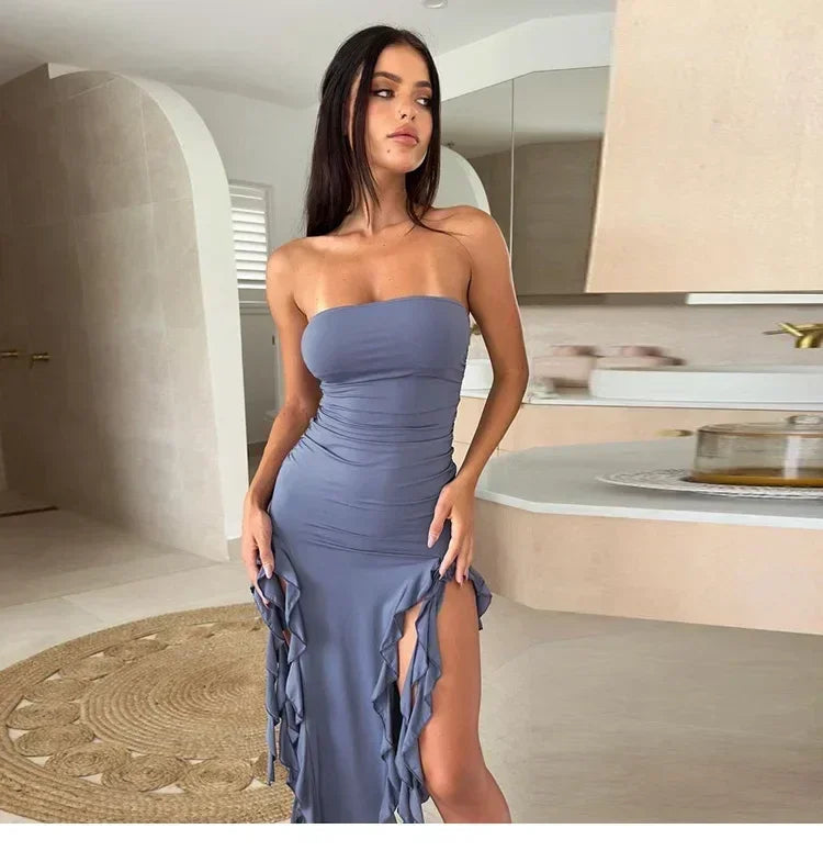 Vestido midi sin tirantes sexy con volantes irregulares criptográficos para mujer, elegante vestido de cumpleaños, vestido de verano fruncido