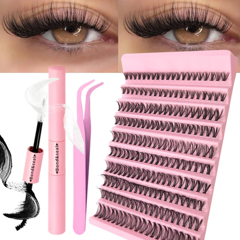 Kit de extensión de pestañas DIY, pestañas individuales, grupos de pestañas, grupos de pestañas mixtos con adhesivo, sellador y accesorios para pestañas