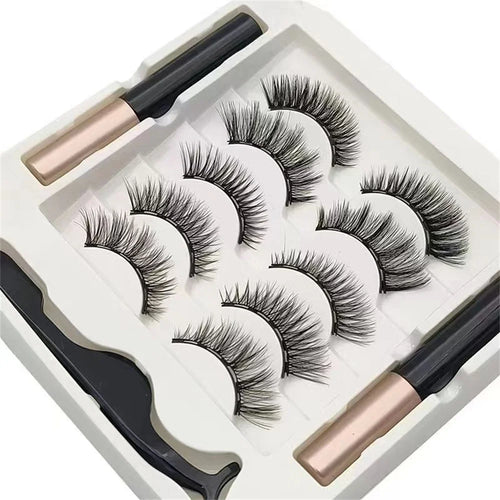 Set de 5 pares de pestañas magnéticas con delineador de ojos y pinzas | Kit de pestañas postizas 3D naturales