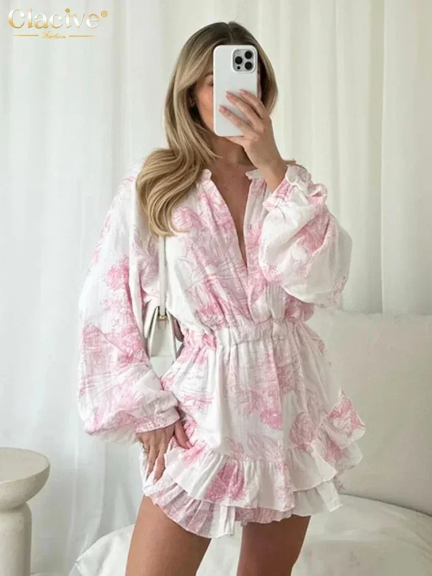 Clacive Vestido holgado de mujer con estampado de moda 2024 Casual Cuello Redondo Manga Larga Mini Vestidos Elegante Cintura Alta Plisado Vestido Femenino