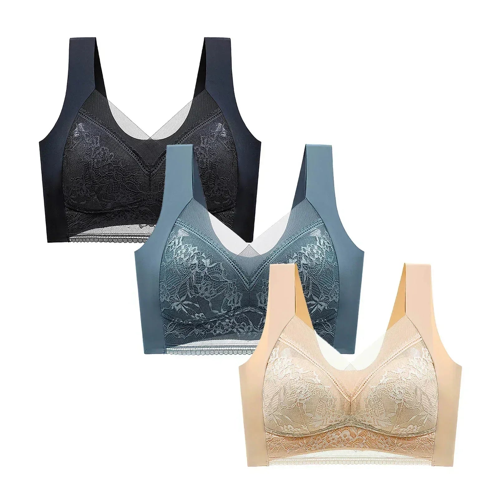 FallSweet sujetador de encaje sin costuras de 3 piezas para mujer, sujetador push up de seda helada sin aros, bralette, brassiere, lencería femenina, ropa interior
