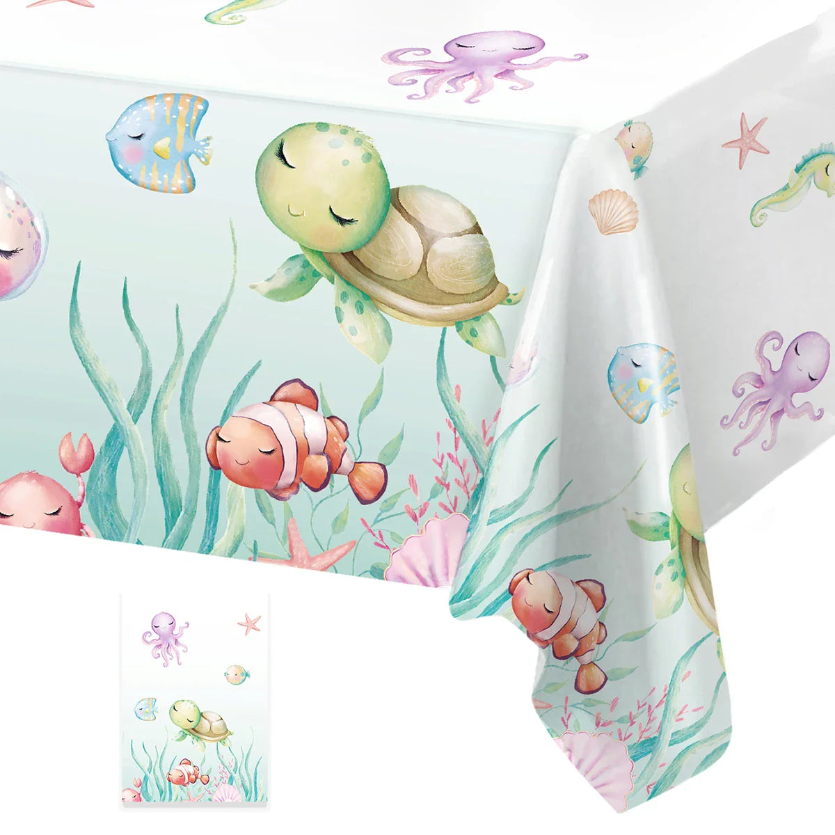Marine Organism Printed Tablecloth Underwater World Birthday Party Decoration Kid Under the Sea Ocean Party Supplies Table Cloth