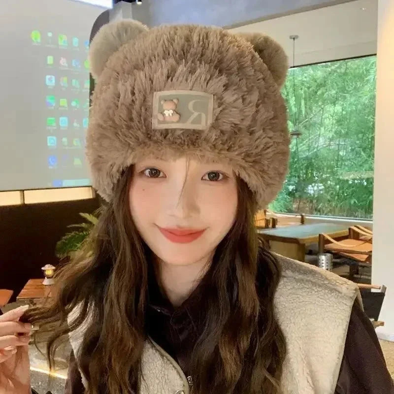 Letter Bear Ears Knitted Woolen Hat – Cute Cat-Ears Beanie for Women