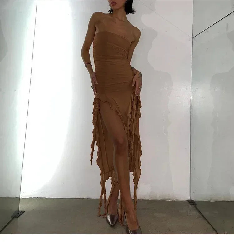 Vestido midi sin tirantes sexy con volantes irregulares criptográficos para mujer, elegante vestido de cumpleaños, vestido de verano fruncido