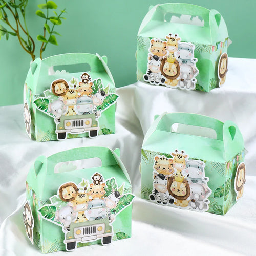 4 unidades cajas de dulces de animales de la selva DIY, decoración de fiesta de cumpleaños Safari, caja de embalaje de regalo para niños, suministros para baby shower de "Wild One"
