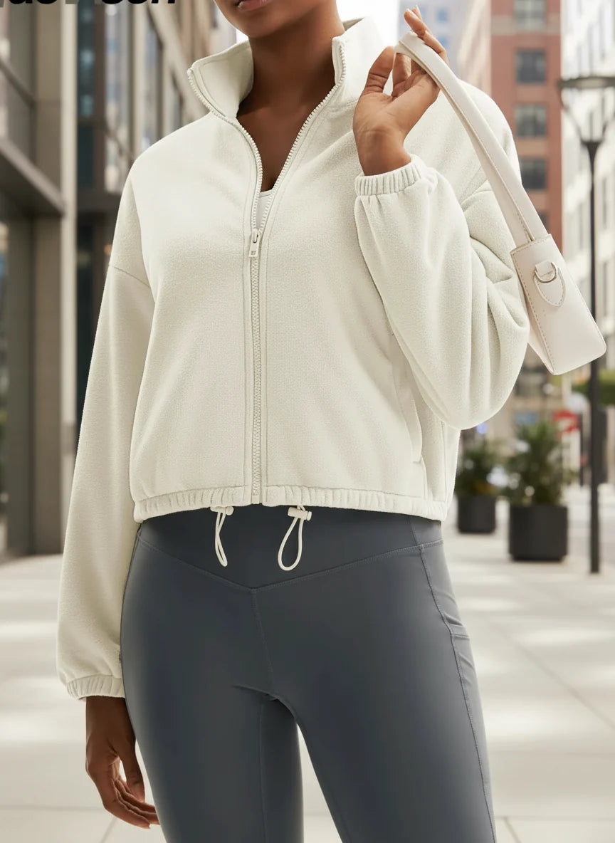 Winter Fleece Cropped Jacket with Stand Collar