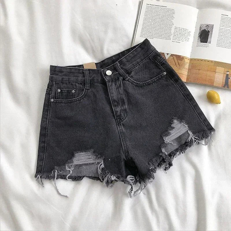Pantalones cortos de mezclilla coreanos con agujeros para mujer, shorts de mezclilla de cintura alta y pierna ancha, ropa de calle informal de diseñador para mujer 2024 Novedad