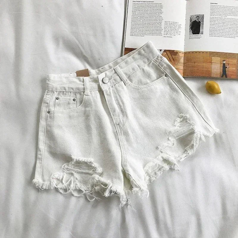 Pantalones cortos de mezclilla coreanos con agujeros para mujer, shorts de mezclilla de cintura alta y pierna ancha, ropa de calle informal de diseñador para mujer 2024 Novedad