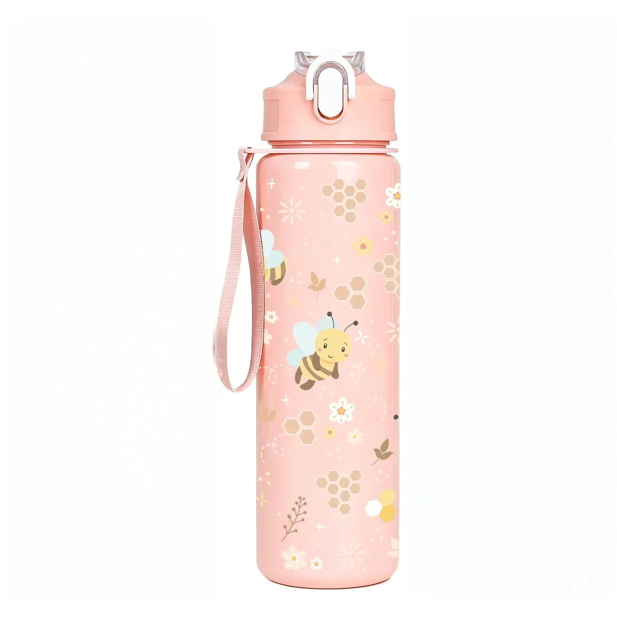 Botella de Agua Reutilizable de Plástico con Diseño de Abeja y Panal Dulce | Taza Ligera Antiderrames con Tapa Abatible para Niñas
