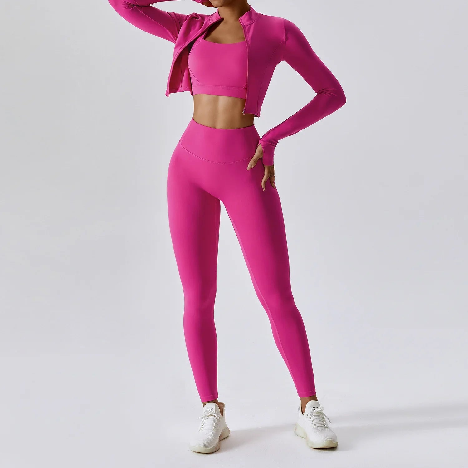 Conjunto de entrenamiento ropa deportiva 3 piezas sujetador deportivo leggings de gimnasio de cintura alta manga larga