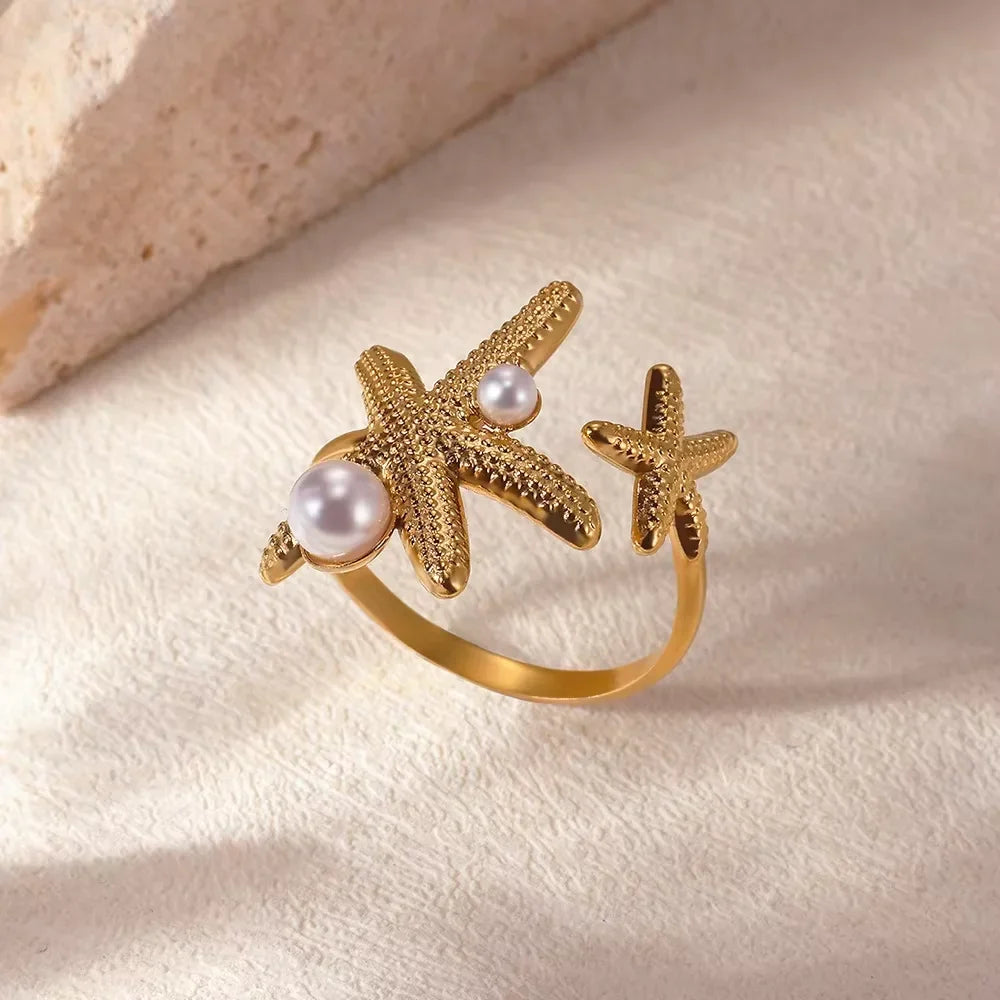 2025 Freshwater Anillos Stainless Steel Pearl Starfish Shell Rings For Women Punk Gold Color Vintage Waterproof Beach Jewelry
