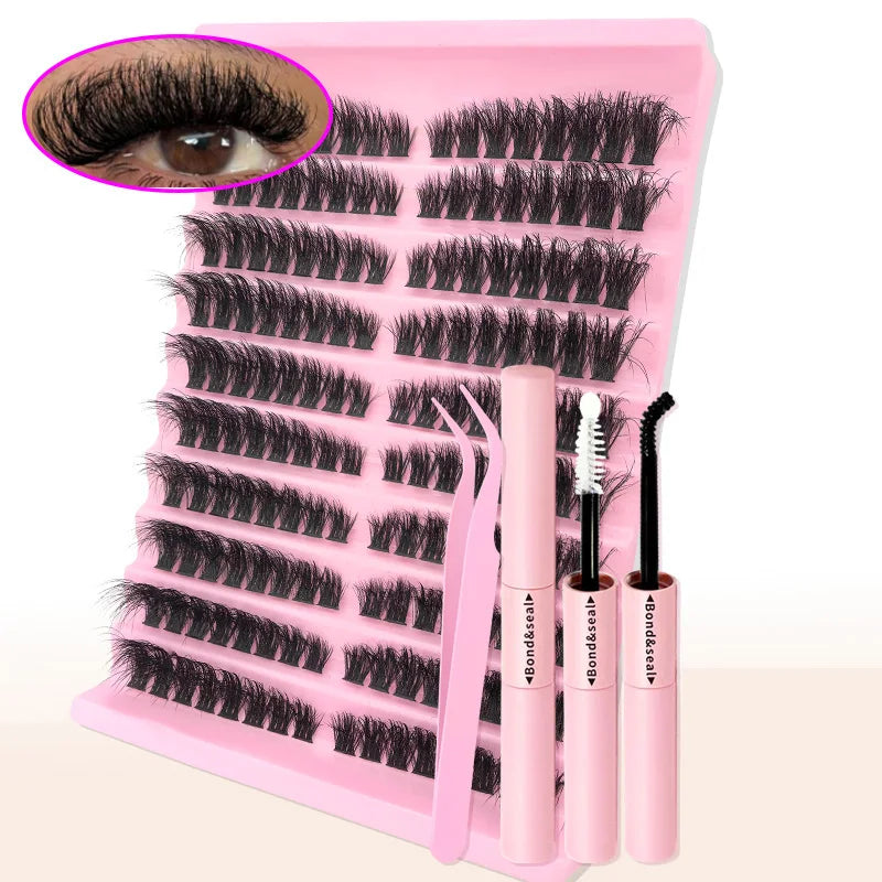 Kit de extensión de pestañas DIY, pestañas individuales, grupos de pestañas, grupos de pestañas mixtos con adhesivo, sellador y accesorios para pestañas