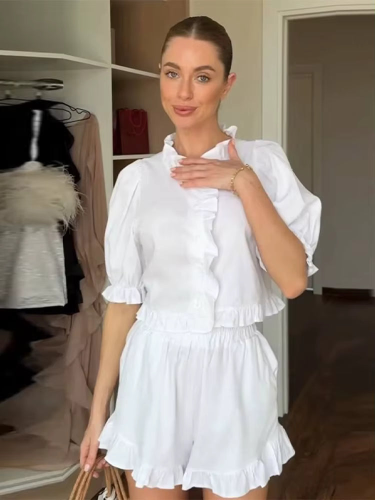 Women's Ruffled Linen-Blend Cropped Blouse & Shorts Set