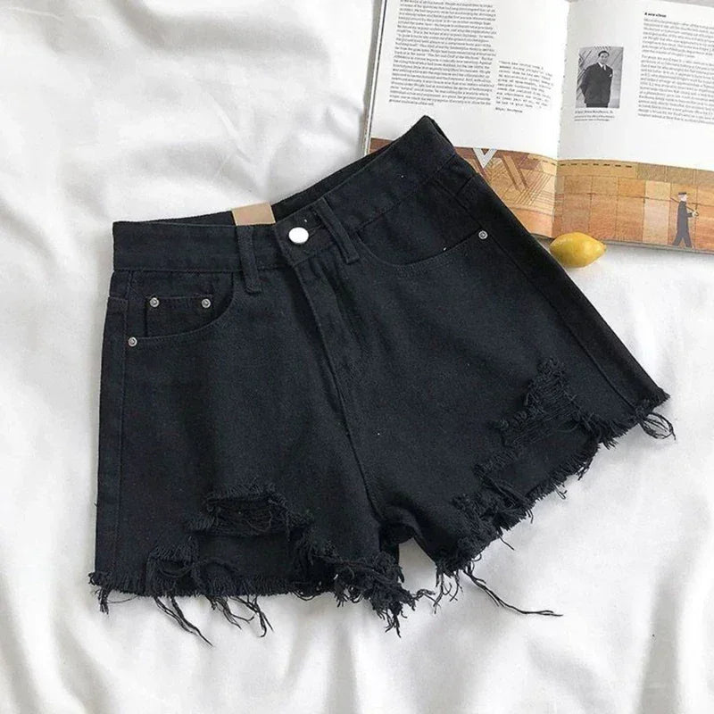 Pantalones cortos de mezclilla coreanos con agujeros para mujer, shorts de mezclilla de cintura alta y pierna ancha, ropa de calle informal de diseñador para mujer 2024 Novedad
