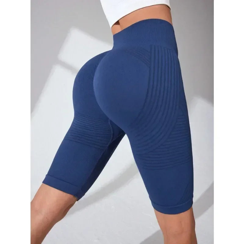 Pantalones cortos de yoga sin costuras para mujer, de cintura alta, a rayas, ajustados, pantalones cortos sexy para levantar glúteos, para gimnasio, de entrenamiento, de alta elasticidad, tipo capri