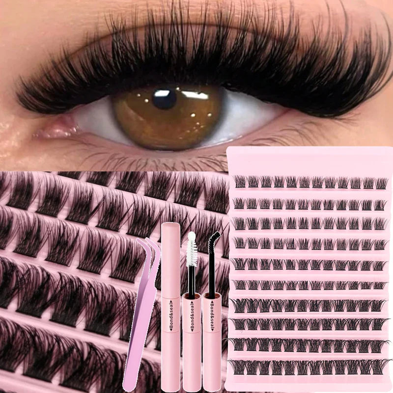 Kit de extensión de pestañas DIY, pestañas individuales, grupos de pestañas, grupos de pestañas mixtos con adhesivo, sellador y accesorios para pestañas
