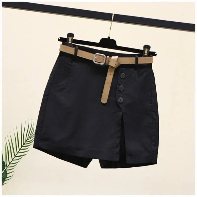 Pantalones cortos casuales de algodón para mujer, ropa de verano, nuevos pantalones versátiles de moda finos con forma de A, pantalones cortos de cintura elástica con falda para mujer