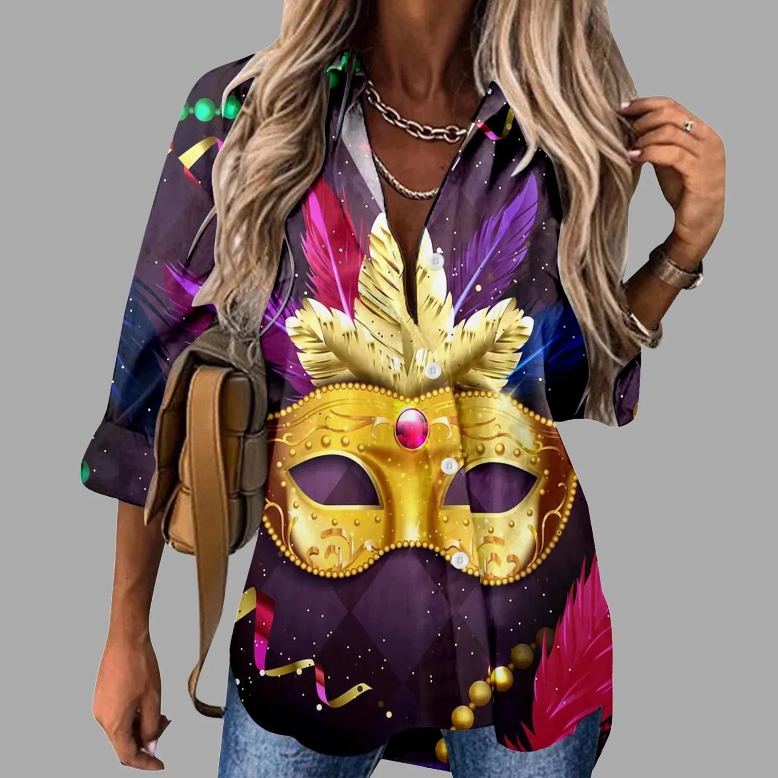 🎭 Mardi Gras Women's V-Neck Long Sleeve Carnival Print Shirt