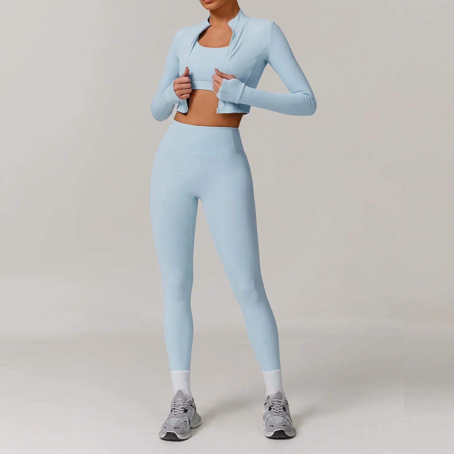 Conjunto de entrenamiento ropa deportiva 3 piezas sujetador deportivo leggings de gimnasio de cintura alta manga larga