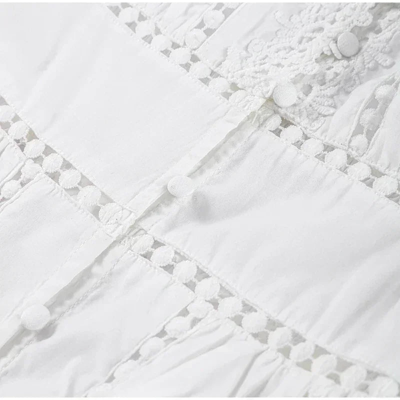 Elegant Lace Patchwork Hollow Out Dress Women Solid V-neck Long Lantern Sleeve Loose Dresses 2025 Spring Vacation Lady Robes