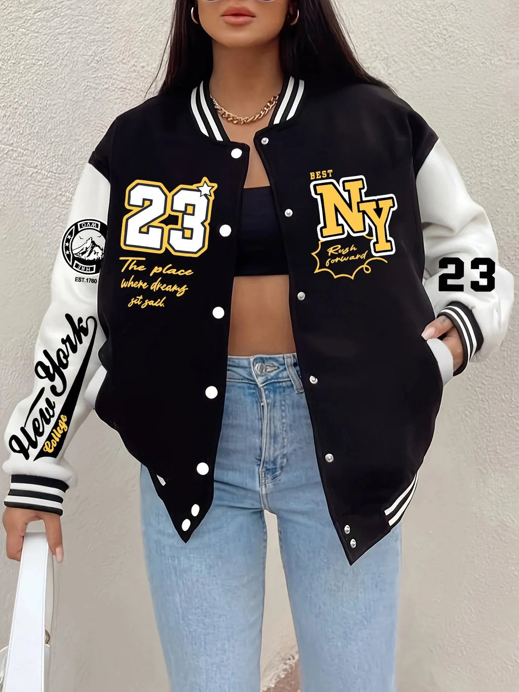 New York “23” Letter Printed Baseball Jacket Women