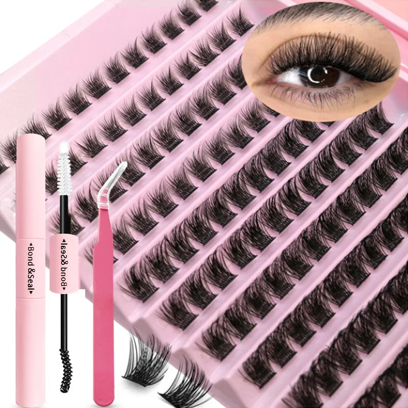 Kit de extensión de pestañas DIY, pestañas individuales, grupos de pestañas, grupos de pestañas mixtos con adhesivo, sellador y accesorios para pestañas