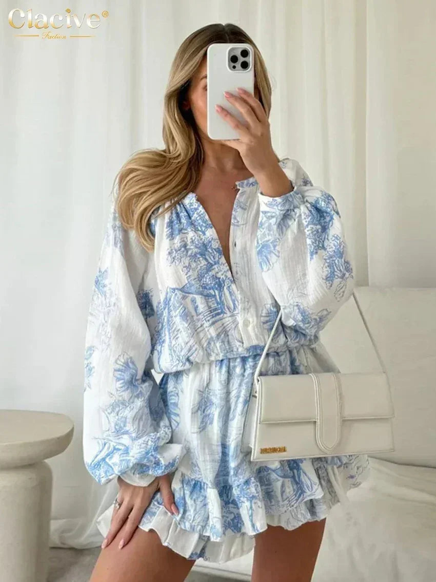 Clacive Vestido holgado de mujer con estampado de moda 2024 Casual Cuello Redondo Manga Larga Mini Vestidos Elegante Cintura Alta Plisado Vestido Femenino