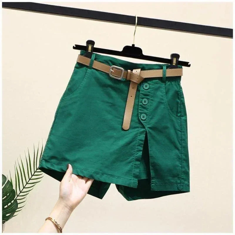Pantalones cortos casuales de algodón para mujer, ropa de verano, nuevos pantalones versátiles de moda finos con forma de A, pantalones cortos de cintura elástica con falda para mujer