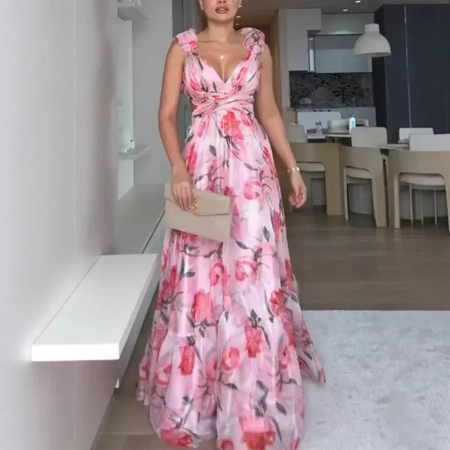 Vestido largo de gasa estampado sexy 2025, moda de verano, elegante, con cuello en V, volantes, ajustado, sin mangas, sin espalda, para fiesta, para vacaciones