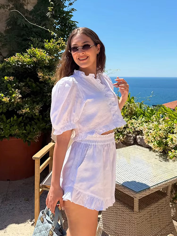 Women's Ruffled Linen-Blend Cropped Blouse & Shorts Set