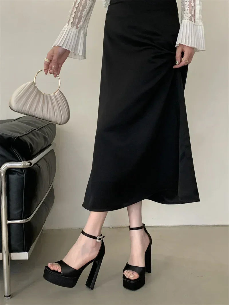 Liyke Runway Style Black High Heels Platform Sandals For Women Cozy Silk Square Toe Buckle Strap Lady Party Dress Shoes Size 40