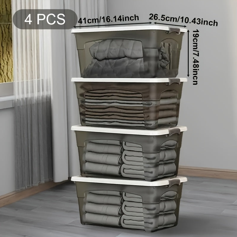 Cajas de almacenamiento apilables de 4 piezas con tapas y asas Contenedores organizadores transparentes para el hogar y el armario