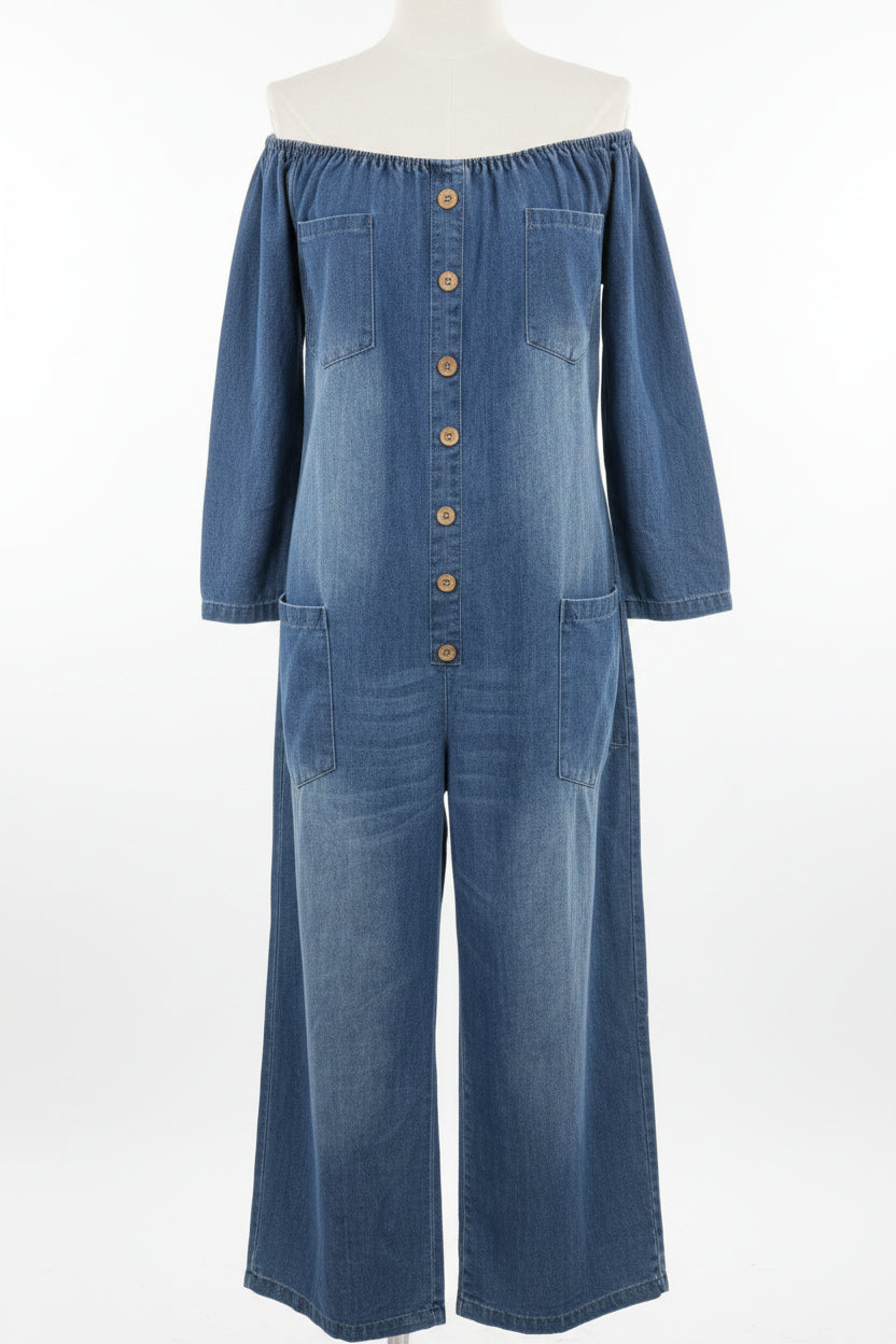 Women's Off-Shoulder Washed Faux Denim Strap Overalls Jumpsuit