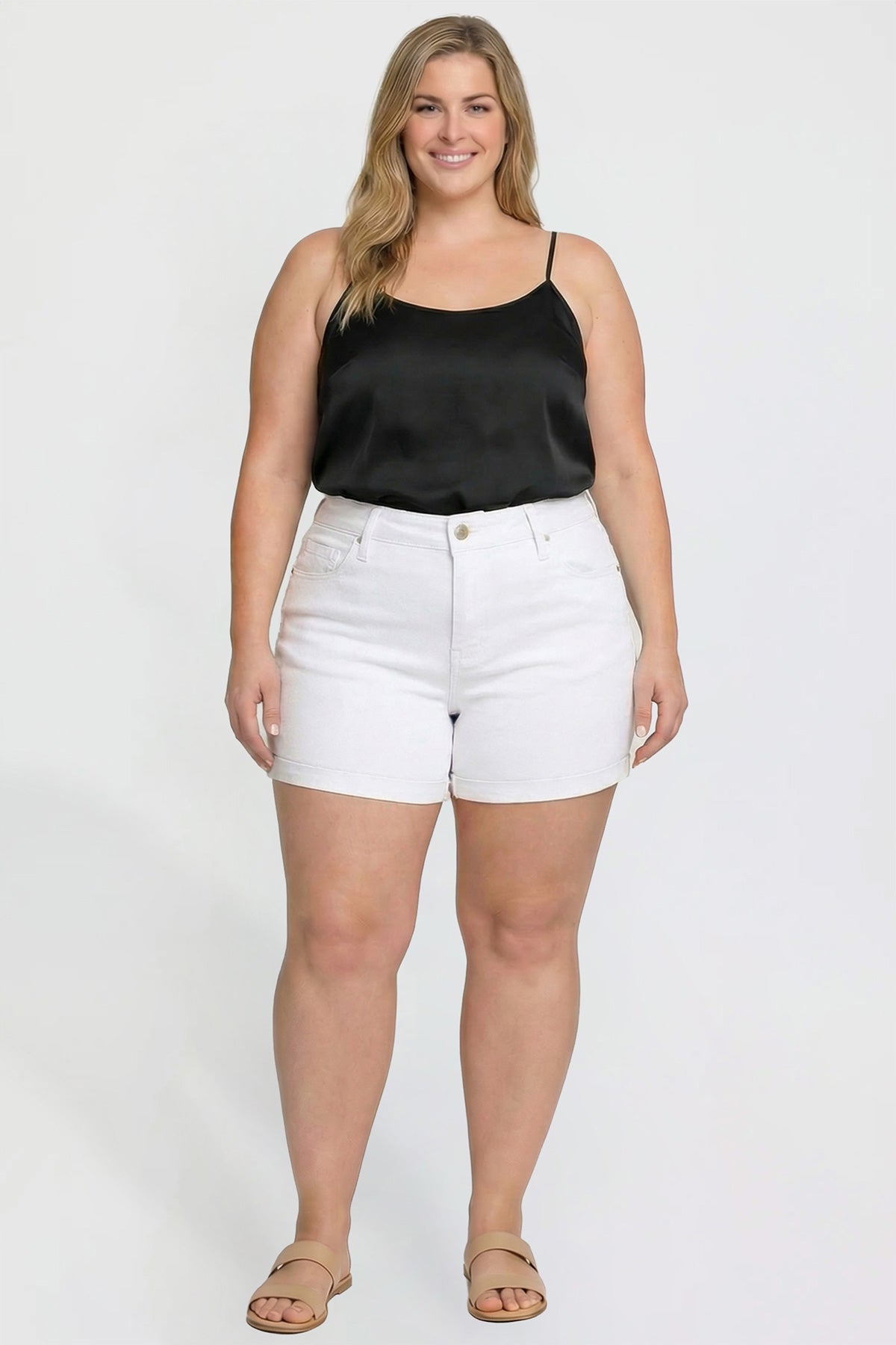 Pantalones cortos elásticos de primera calidad con puño doblado para mujer de talla grande