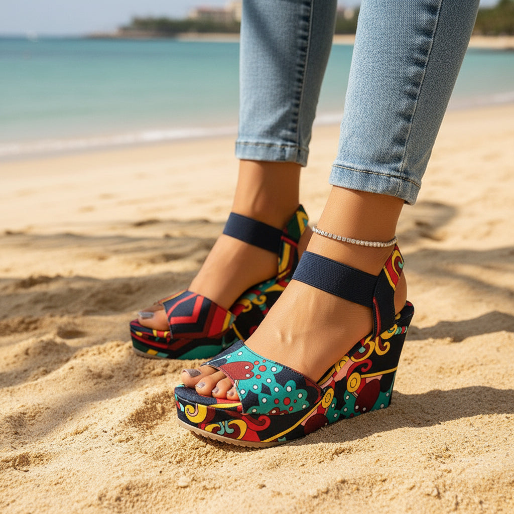 Women's Printed Platform Wedge Sandals with Elastic Ankle Strap