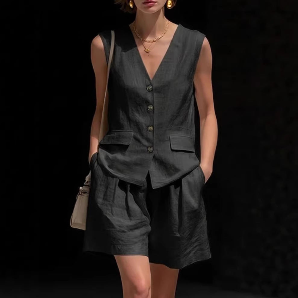 Women’s Cotton Linen Sleeveless Vest Top and Shorts Set
