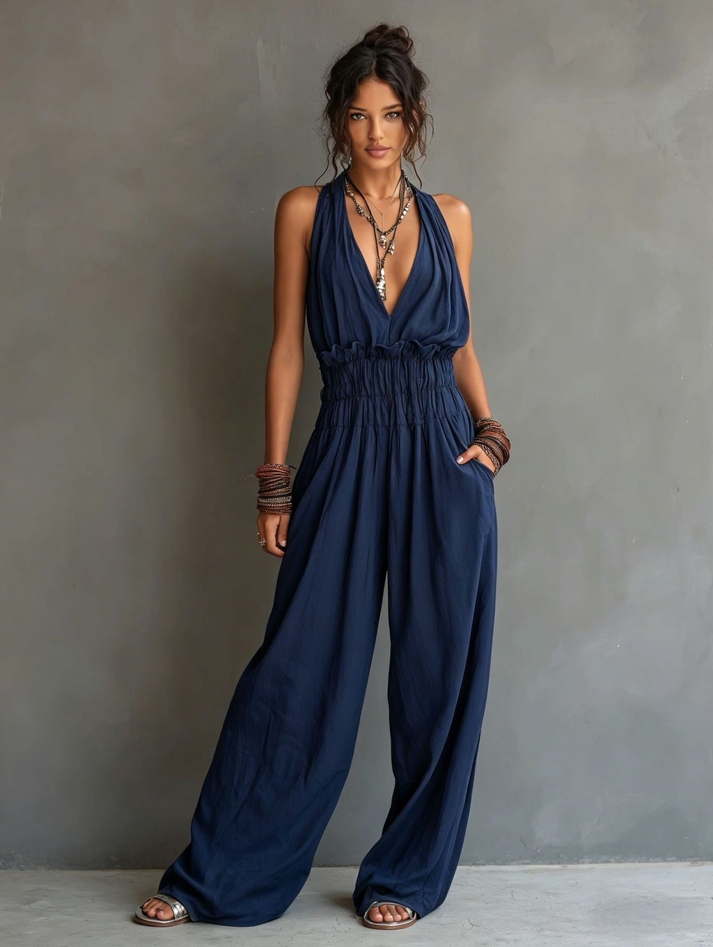 Women's V-Neck Halter Jumpsuit – Sleeveless Open Back Waist-Cinching