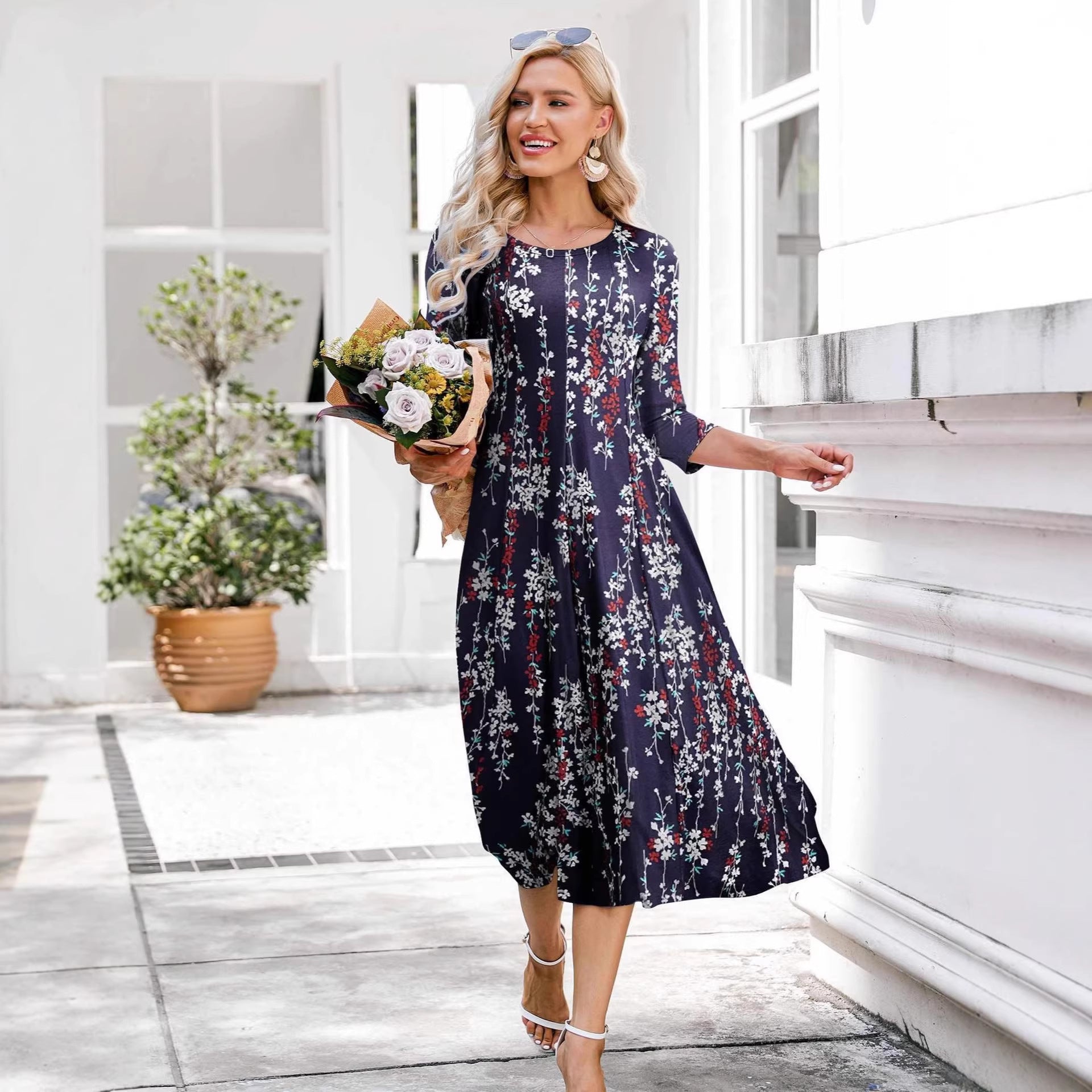 Women’s Floral Patchwork Three-Quarter Sleeve Dress