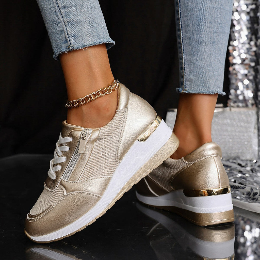 Metallic Lace-Up Side Zipper Thick-Sole Sneakers – 3 Colors EU 37–44