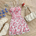 Boho Floral Spaghetti Strap Mini Dress – Ruched Ruffle Hem Vacation Sundress